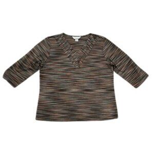 Christopher & Banks Petite V-Neck 3/4 Sleeve Colorful Strip Knit Top Blouse- LNC